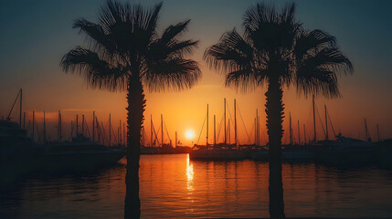 Obraz premium Two palm trees frame a sunset over water and boats at dusk.