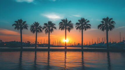 Palm trees silhouetted against a vibrant sunset over water.