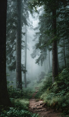 Fototapeta premium Mystical forest pathway through tall trees shrouded in fog creates an enchanting atmosphere