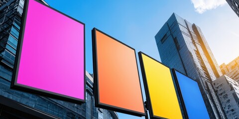 Colorful blank billboards stand tall among modern city skyscrapers under a bright blue sky.