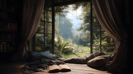 A serene reading nook with a view of the lush forest invites relaxation and immersion in nature
