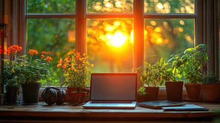 Fototapeta premium Cozy workstation by window at sunset