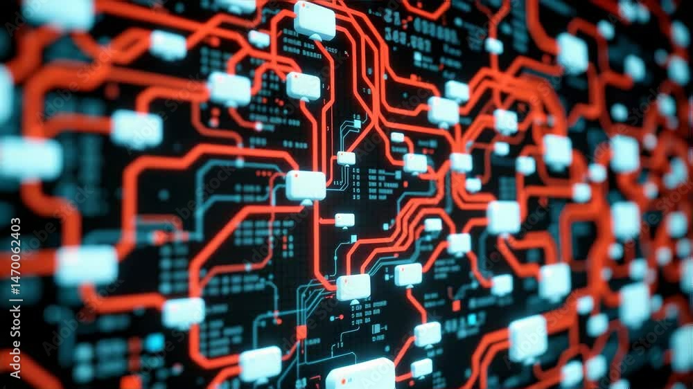 Poster a close-up view of an illuminated digital circuit board with red pathways and white nodal connectors