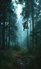 Obraz premium A tranquil path winds through a dense forest shrouded in mist creating a serene atmosphere