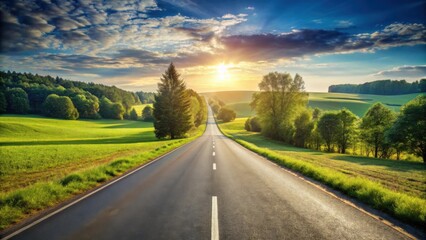Fototapeta premium Asphalt Road Winding Through Verdant Rolling Hills at Sunset, a Scenic Summer Drive