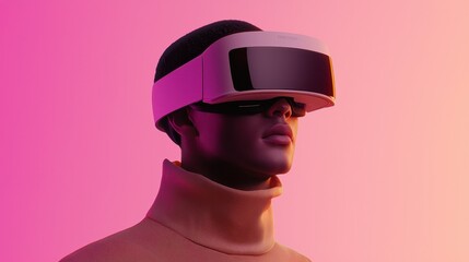 A young person wearing a futuristic VR headset against a pink gradient background, showcasing modern technology and innovation.
