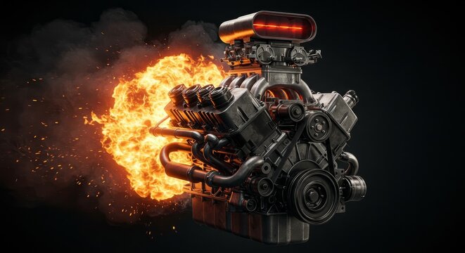 Fiery V8 Engine Power - Powerful V8 engine engulfed in flames, showcasing mechanical details and intense energy. Ideal for automotive, speed, and power concepts