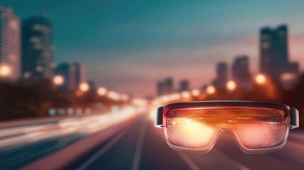 A pair of futuristic augmented reality smart glasses hovers over a blurred cityscape at night with light trails.