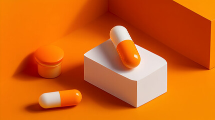 Orange and white pills on a white block against an orange background.