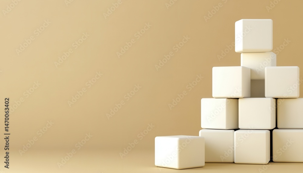 Poster abstract composition featuring white cubes arranged in a pyramidal structure against a muted beige b