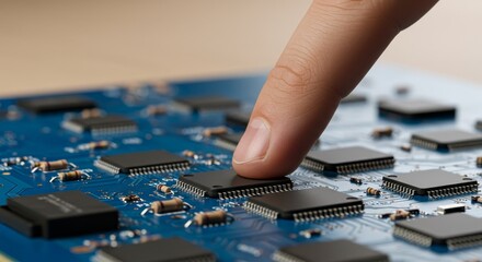 Fingertip on Circuit Board Technology - Innovation, technology, electronics, connection, future. A finger gently touches a complex circuit board