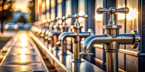 Golden Hour Water Spigots in a Row Reflecting Sunlight on Polished Metal Surface