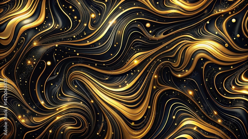 Poster abstract swirling gold and black luxury design with glimmering particles and elegant curves
