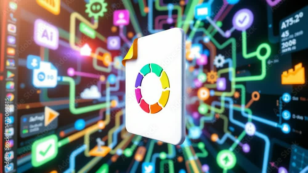 Poster a digital file icon with a multicolored circular graphic is centered against a vibrant background of