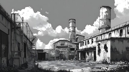 Industrial complex scene overcast sky monochrome depiction
