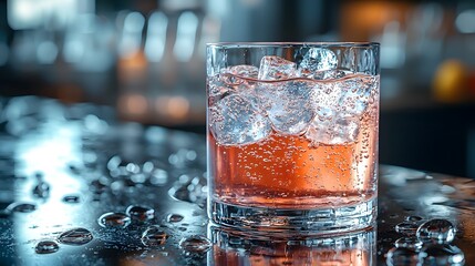 Elegant cocktail glass with amber liquid and ice cubes on a blurred bar counter