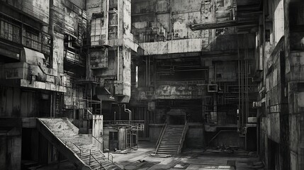 Industrial interior architectural elements monochrome