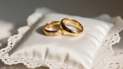 Two gold wedding rings on a white pillow with lace, symbol of love and marriage, perfect for invitations, greeting cards and more, ideal for print and web design 8K