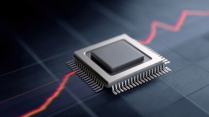 Close up of computer microchip digital graph background showing data analysis and technology