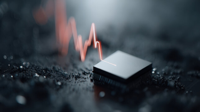 Close up of computer chip with fluctuating red line graph background, symbolizing data analysis