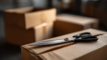 Pair of scissors resting cardboard box workshop or storage area, with wooden furniture