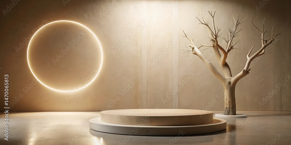 Poster minimalist interior scene with wooden display podium and illuminated circle