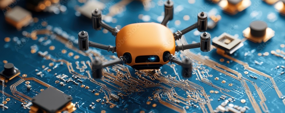 Poster a small orange drone hovers over a detailed blue circuit board, representing advanced technology and