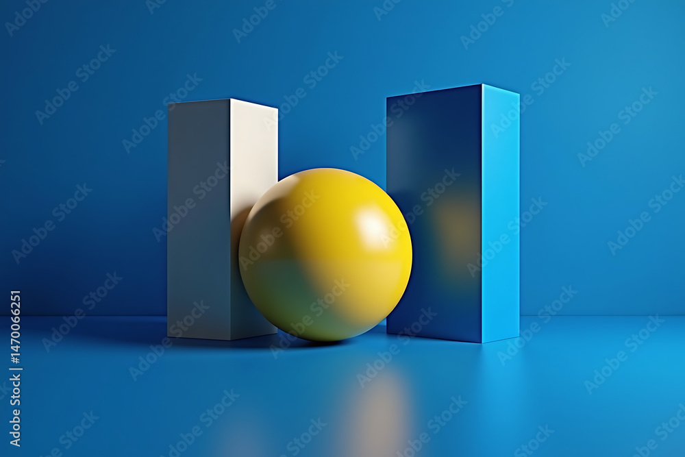 Poster geometric composition showcasing a vibrant yellow sphere framed between two contrasting rectangular 