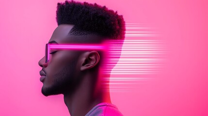 Holographic Man Head with Glowing Pink Neon Lines in Cyberpunk Style
