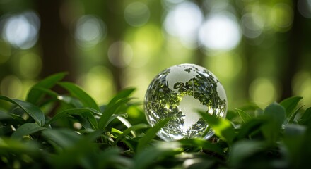 Glass Globe on Green Leaves - A crystal globe rests gently on vibrant green foliage, symbolizing environmental preservation and global sustainability