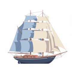 Sailing Ship with Blue and Beige Sails on White Background