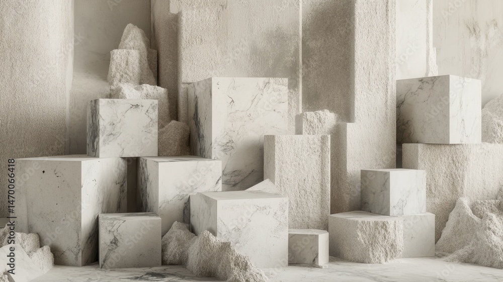 Poster abstract architectural composition of white textured blocks and geometric shapes