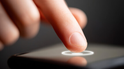 Touchscreen finger pressing digital button mobile device close up of fingertip interacting with