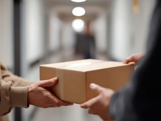 Person is handing over cardboard box to another person corridor, suggesting delivery or exchange