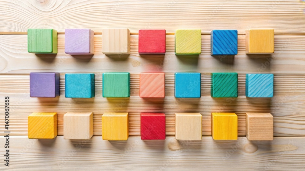 Poster a vibrant arrangement of colorful wooden blocks on a light wood surface, showcasing a playful and or