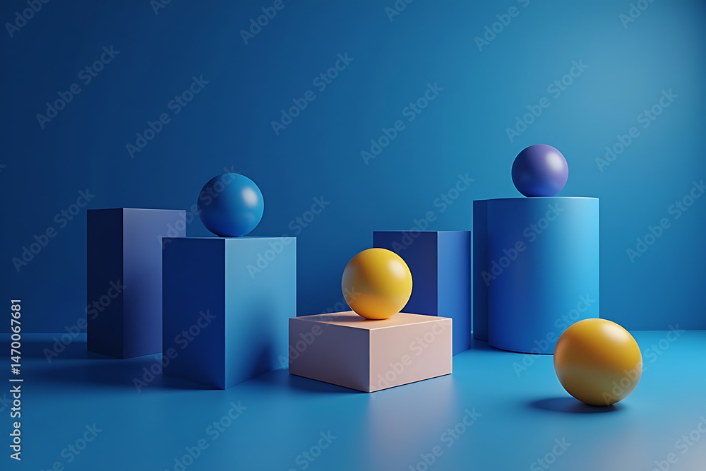 Poster geometric shapes of different colors and forms creating a vibrant and abstract 3d composition on a b
