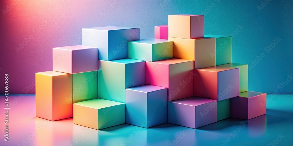 Poster abstract pastel cube arrangement a modern minimalist composition of vividly colored blocks on a refl