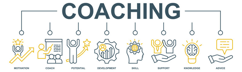 Coaching banner web icon vector illustration concept with icon of motivation, coach, potential, development, skill, support, knowledge, and advice