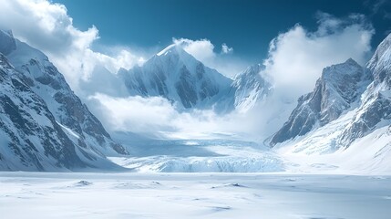 Serene Glacier Flowing Through Snowy Mountain Range