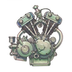 Detailed Illustration of a Vintage Green V-Twin Motorcycle Engine