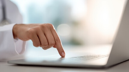 Person using laptop computer with finger pointing at keyboard, in bright and modern setting