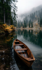 Obraz premium Tranquil lake scene featuring a wooden rowboat and reflections of misty mountains and trees