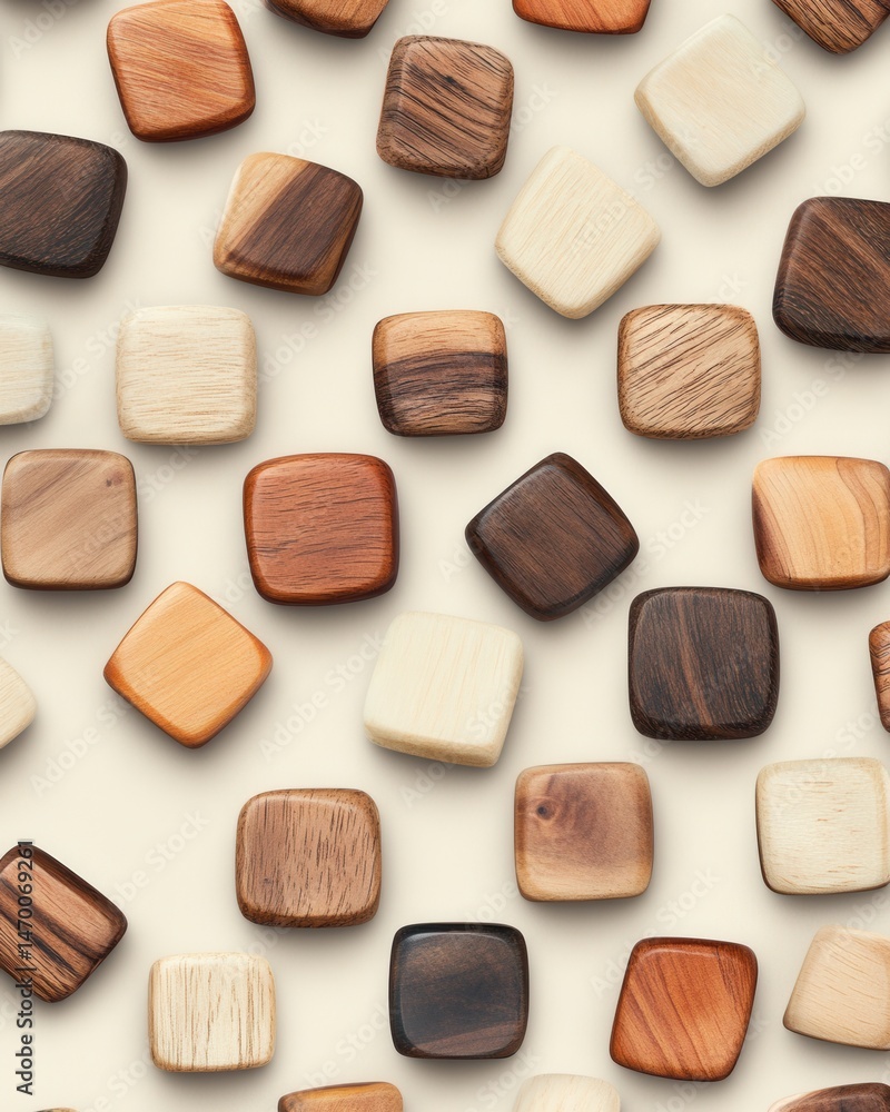 Poster various wooden square blocks arranged on a cream colored background. blocks show different wood grai