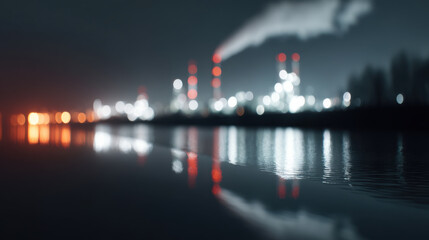 Fototapeta premium Industrial factory with smoke emissions night reflecting water surface blurred background