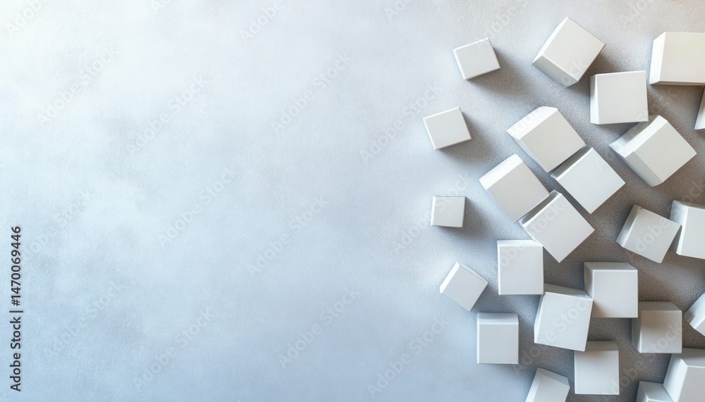 Poster abstract white cubes on a textured gray surface creating a 3d effect with shadows and a minimalist d