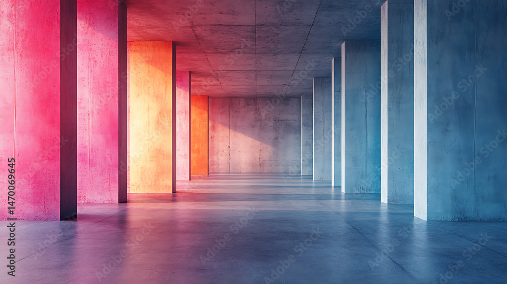 Aufkleber concrete columns hallway illuminated with colorful light gradients perspective of a modern architect