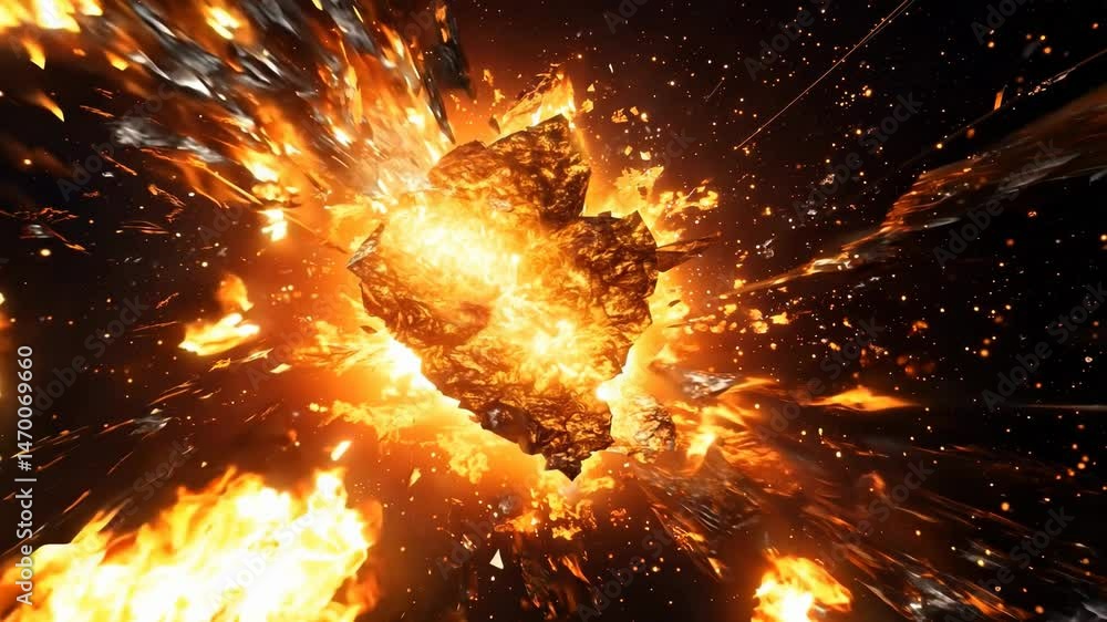 Poster abstract explosion in space with rocks and stones burst in flame, sci-fi and technology background