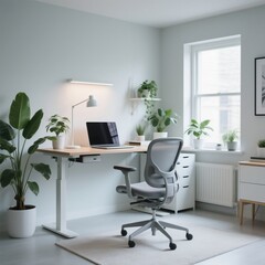 Bright and Airy Home Office with Green Plants, Ergonomic Chair, Standing Desk, and Natural Light from a Large Window, Creating a Modern and Productive Workspace 8K