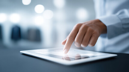 Close up of person using tablet modern office environment digital technology touchscreen device