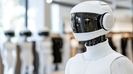A futuristic humanoid robot with a sleek white design stands in a modern, well-lit environment.